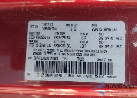 1999 Dodge Ram 1500 St из США, поврежденный, VIN 3B7HC13Y2XG146181